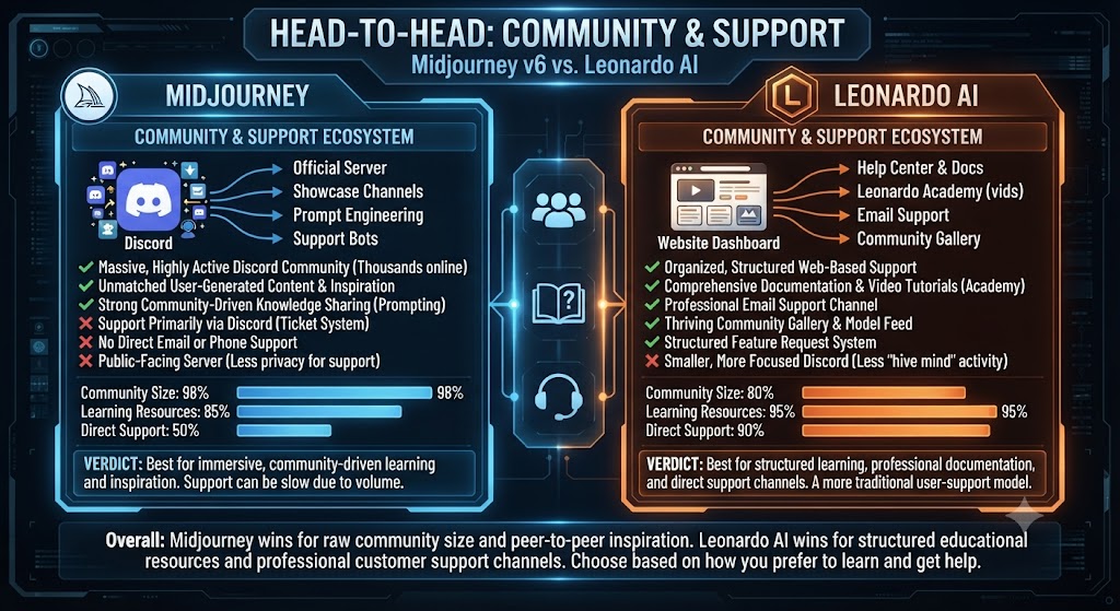Community, Learning Resources, and Support Midjourney vs Leonardo AI