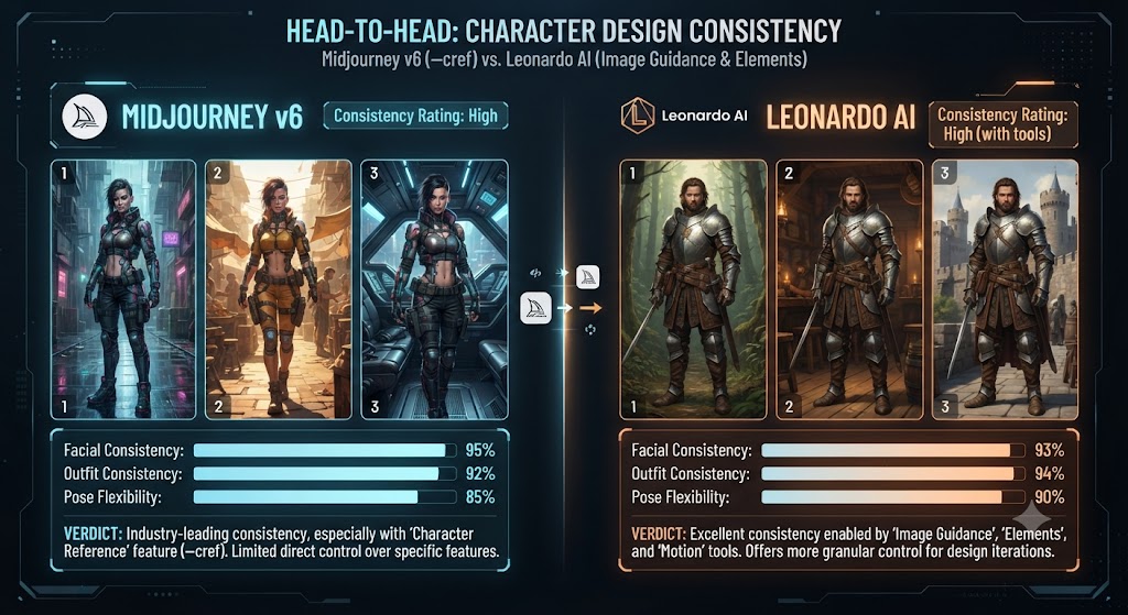Consistency and Character Design Midjourney vs Leonardo AI