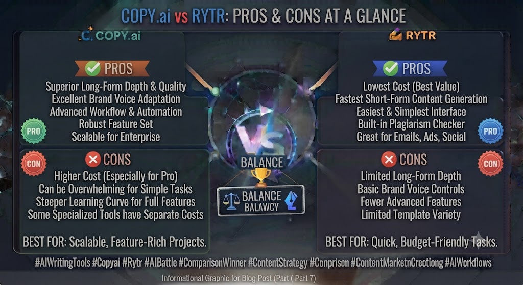Copy.ai vs Rytr Pros and Cons at a Glance