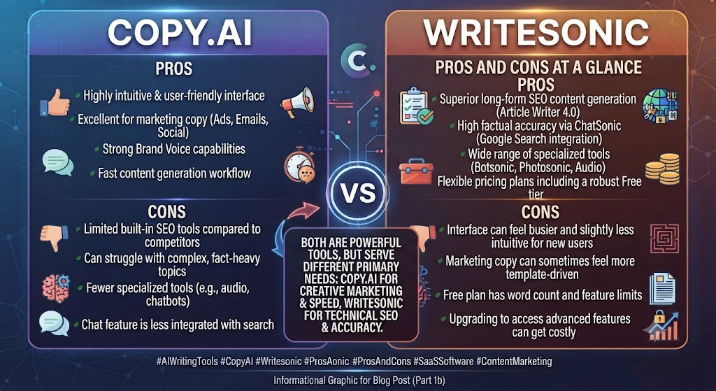 Copy.ai vs Writesonic Pros and Cons at a Glance