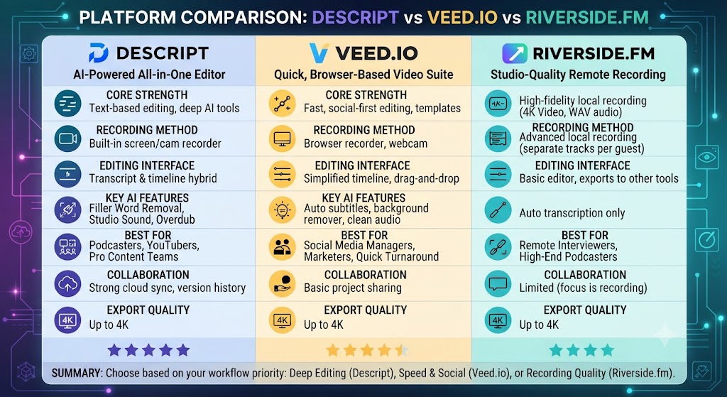 Descript vs Veed.io vs Riverside