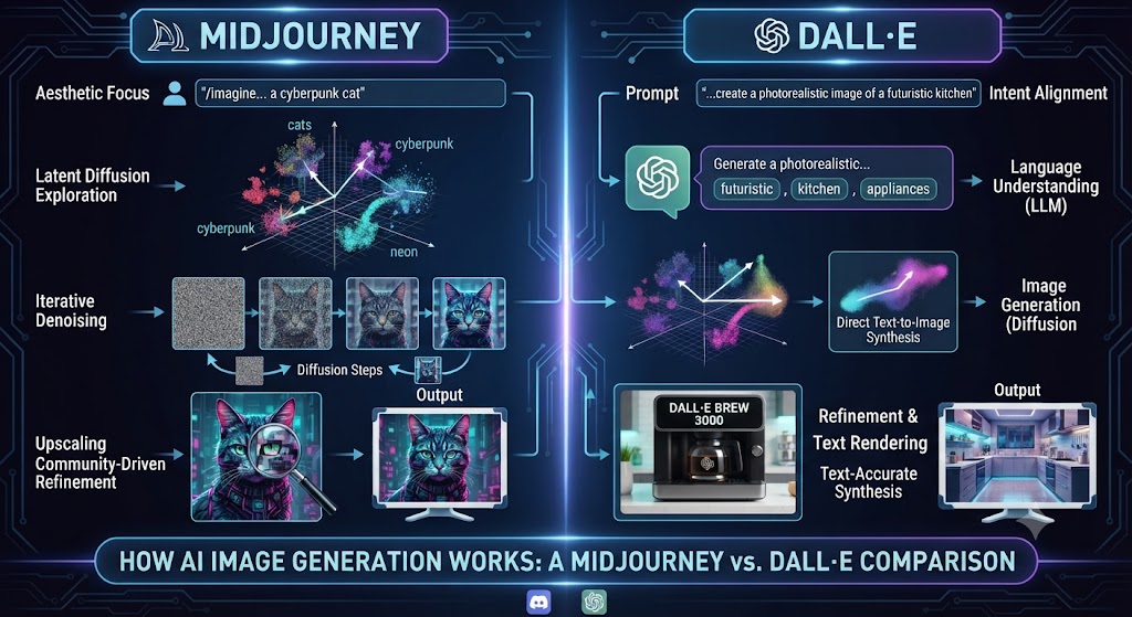 How AI Image Generation Works in Each Tool ( Midjourney vs DALLE )