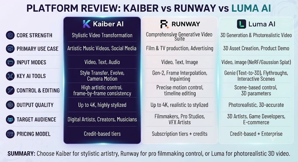 Kaiber Review vs Runway vs Luma AI