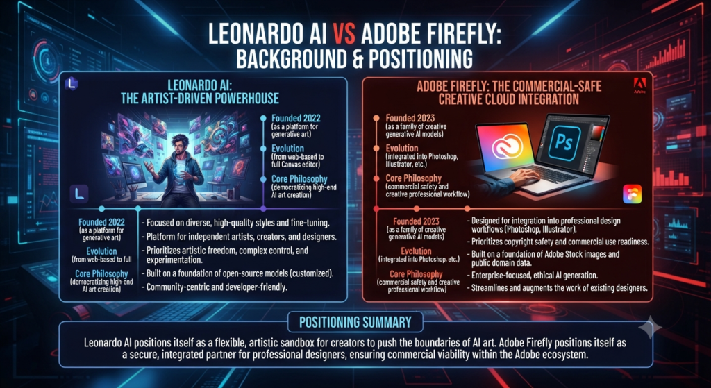 Leonardo AI vs Adobe Firefly Background and Positioning