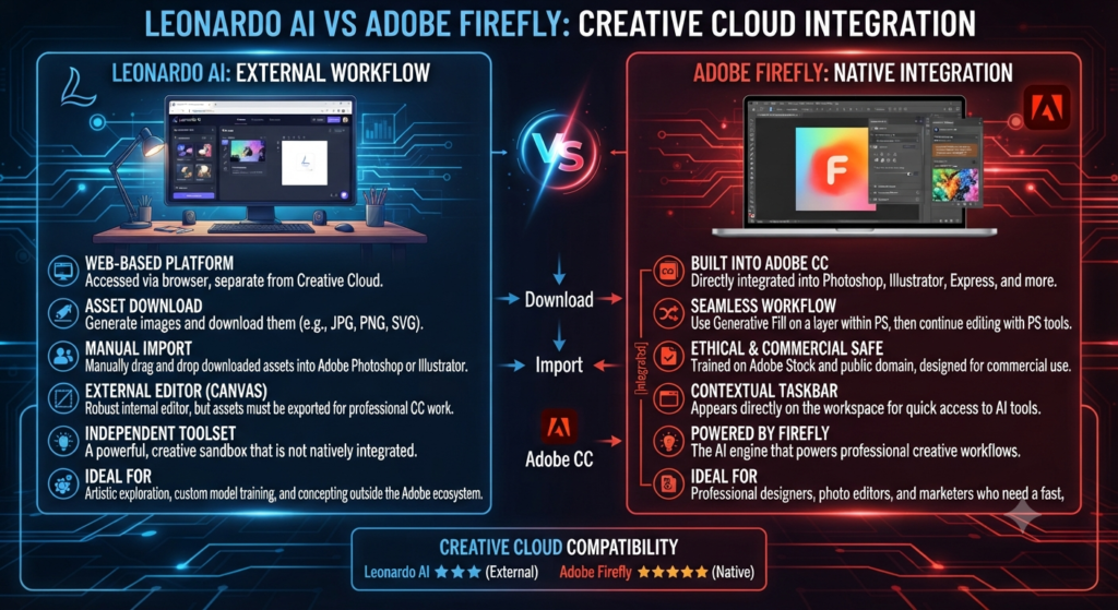 Leonardo AI vs Adobe Firefly Creative Cloud Integration