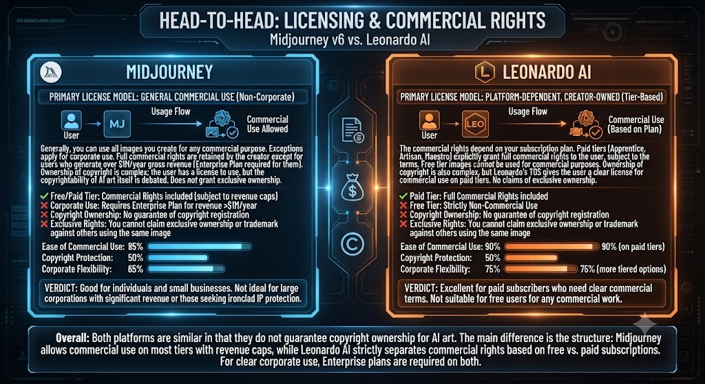Licensing and Commercial Rights Midjourney vs Leonardo AI
