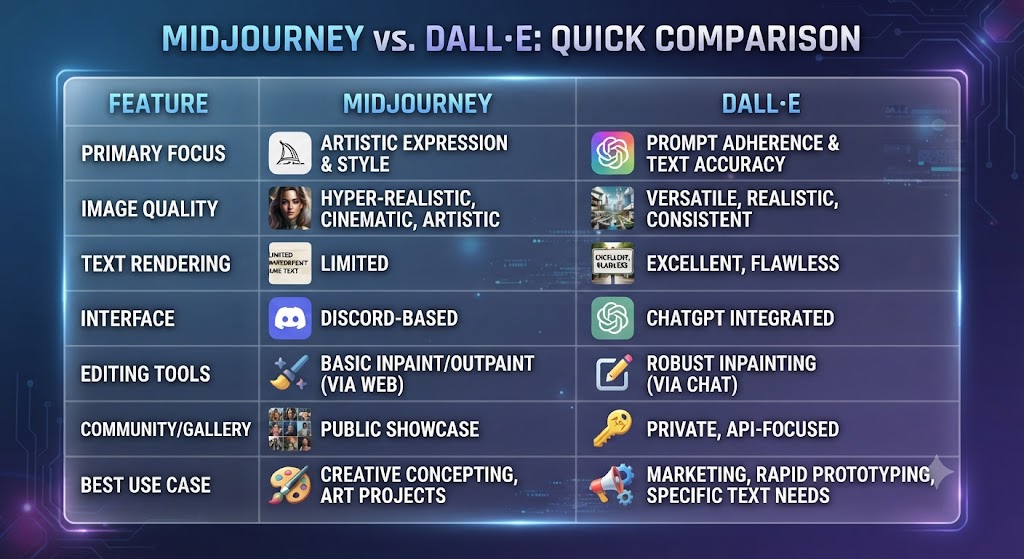 Midjourney vs DALL·E Quick Comparison Table