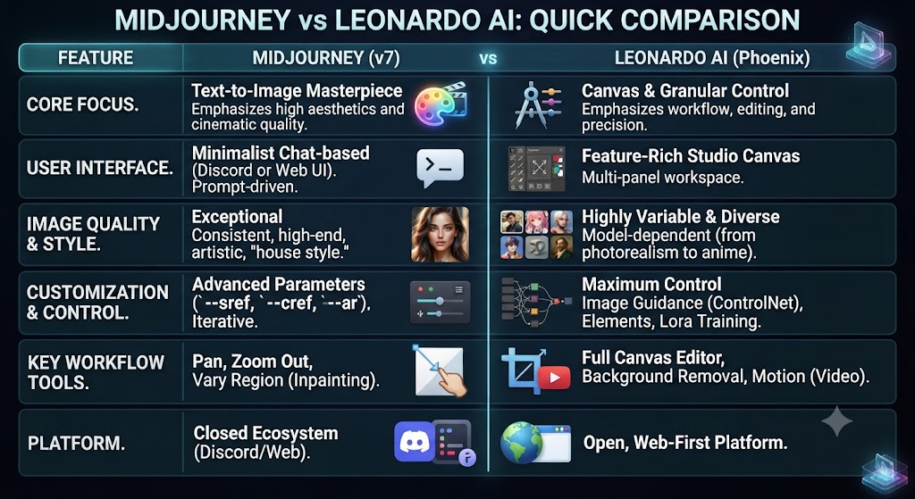 Midjourney vs Leonardo AI Quick Comparison Table