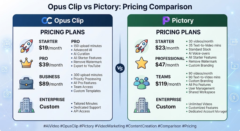 Opus Clip vs Pictory Pricing Comparison