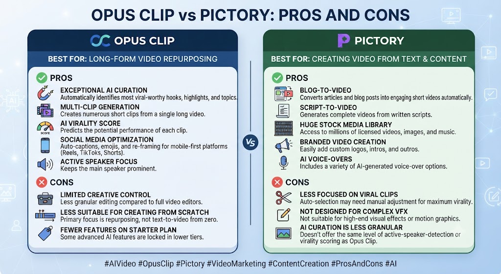 Opus Clip vs Pictory Pros and Cons
