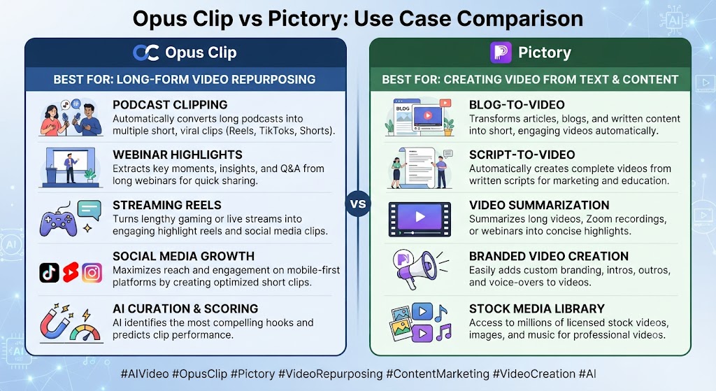 Opus Clip vs Pictory Use Cases