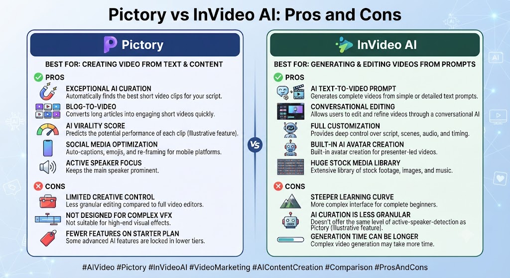 Pictory vs InVideo AI Pros and Cons