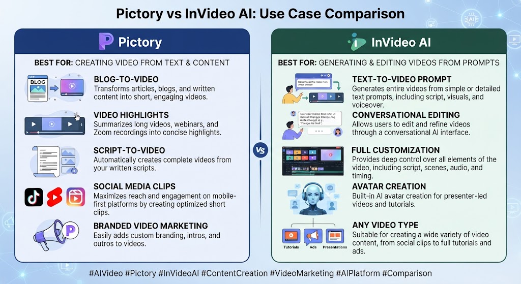 Pictory vs InVideo AI Use Cases