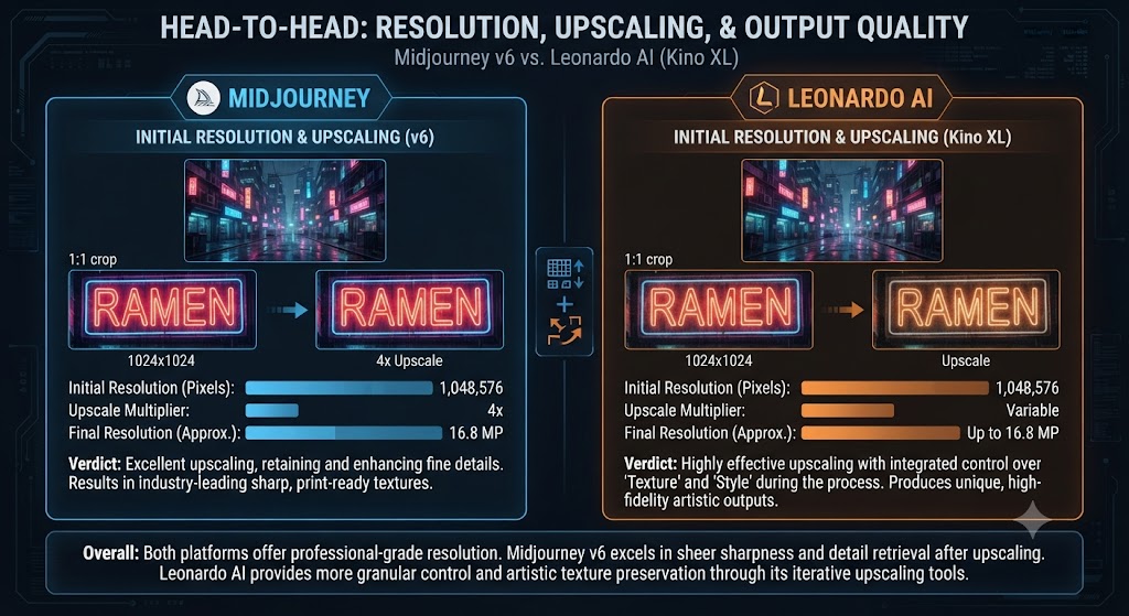 Resolution, Upscaling, and Output Quality Midjourney vs Leonardo AI