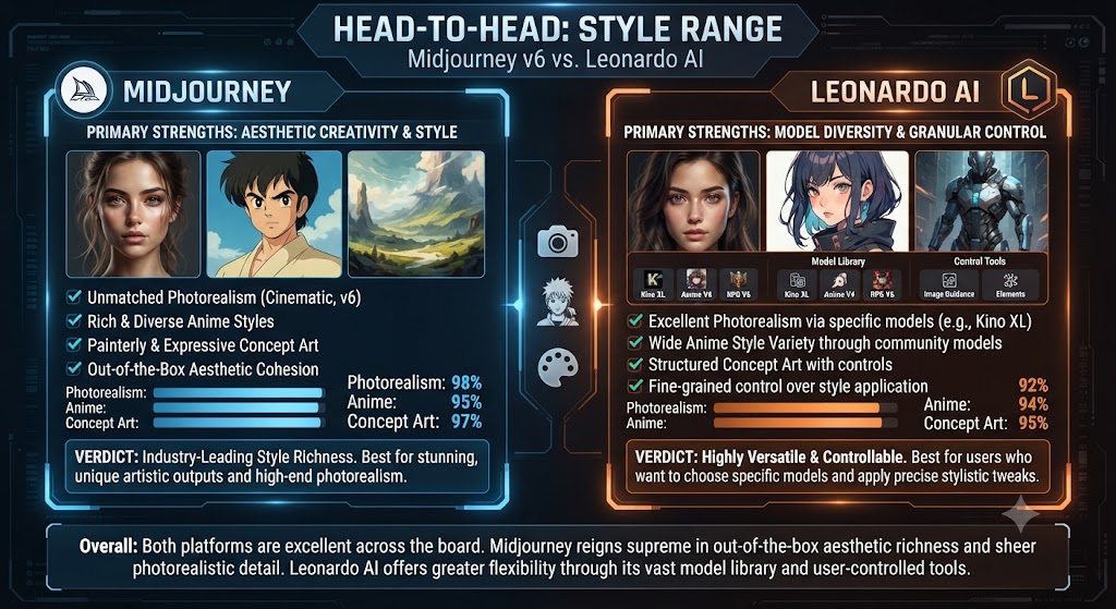 Style Range Photorealism, Anime, and Concept Art Midjourney vs Leonardo AI