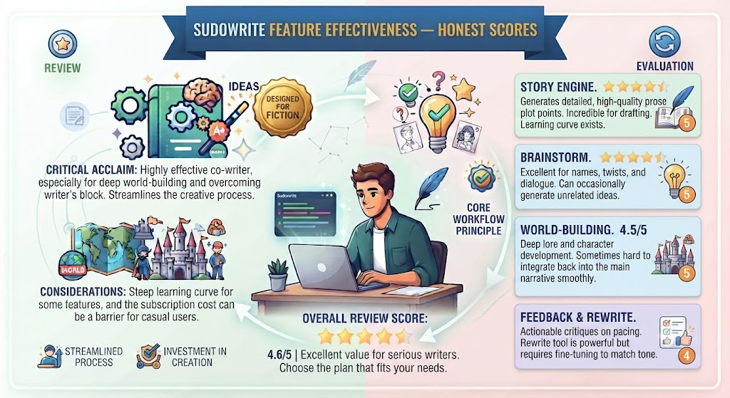 Sudowrite Feature Effectiveness — Honest Scores