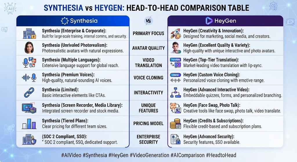Synthesia vs HeyGen Head to Head Table