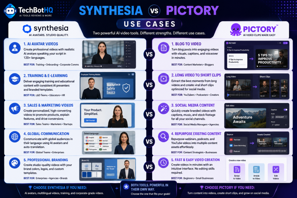 Synthesia vs Pictory Use Cases