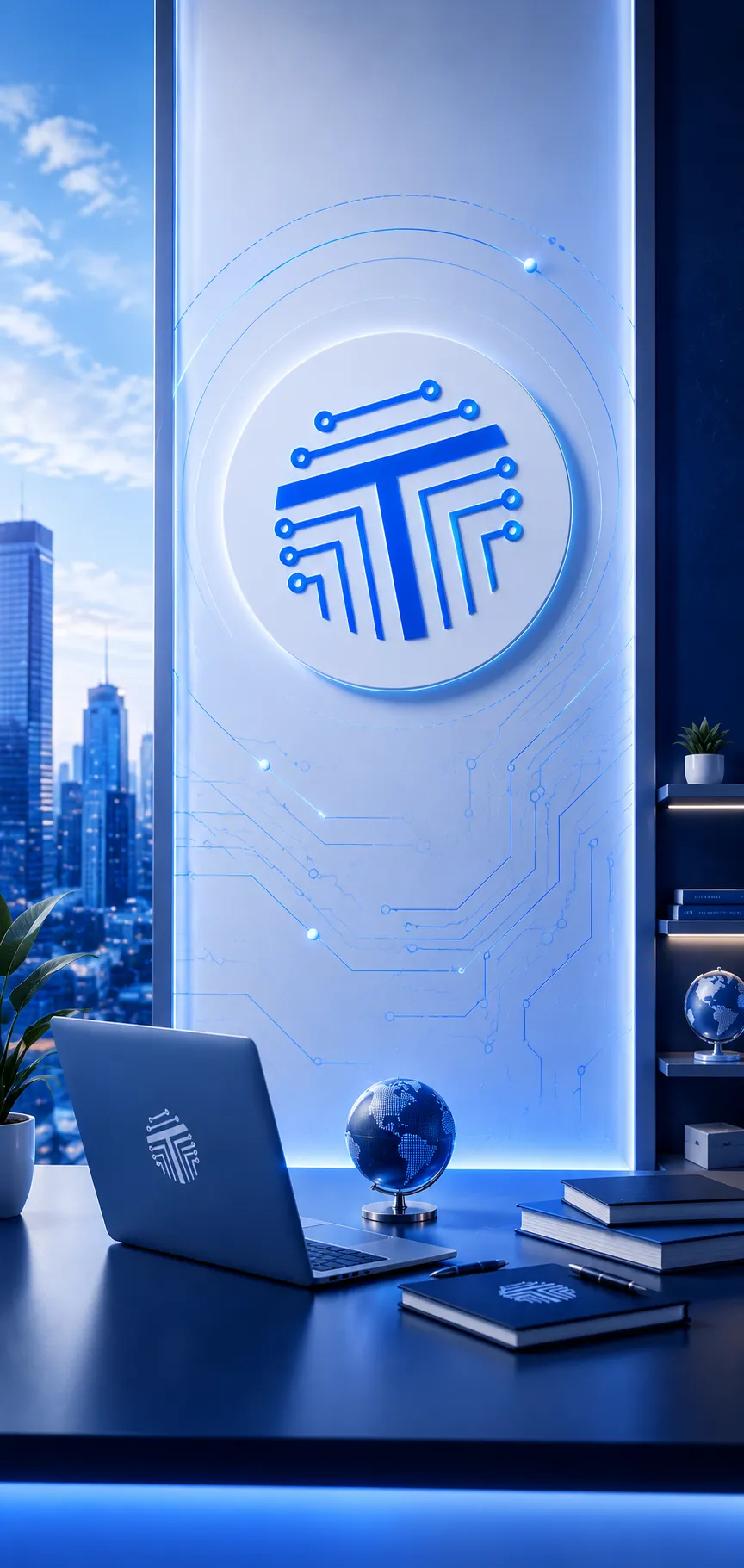 TechBotHQ company overview illustration with modern office desk, laptop, global technology network, futuristic branding, city skyline view, books, and professional AI technology workspace.