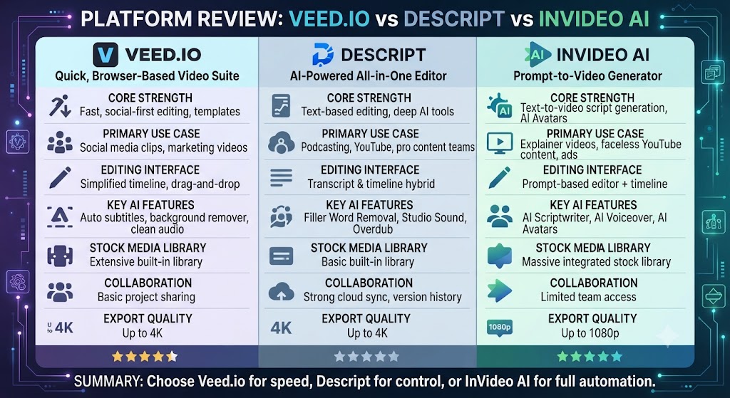 Veed.io Review vs Descript vs InVideo AI