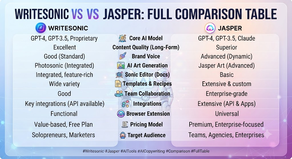 Writesonic vs Jasper Full Comparison Table