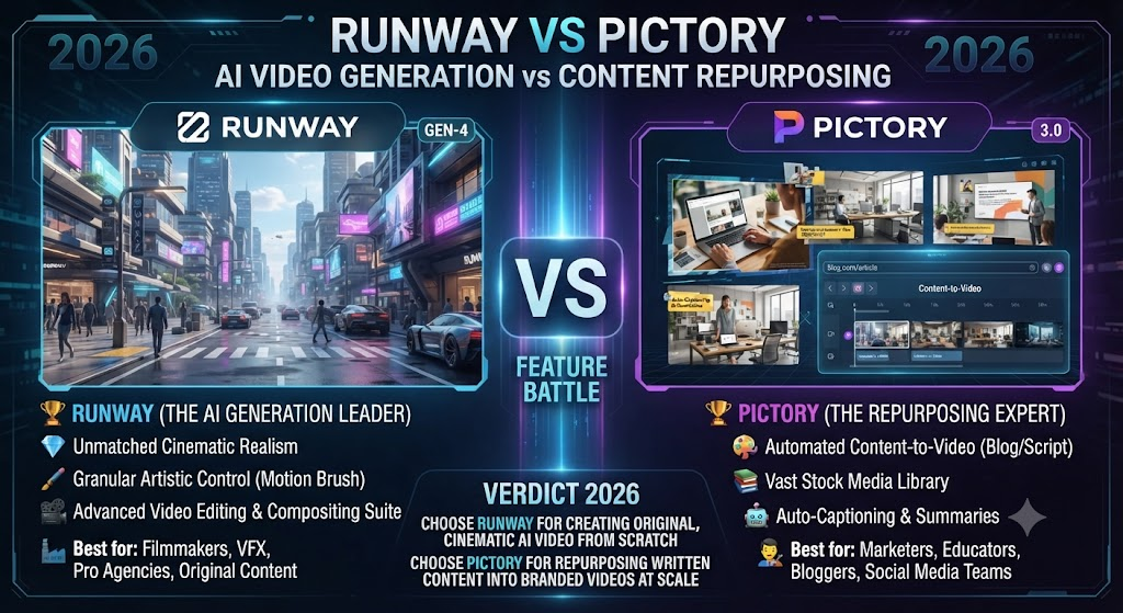 Runway vs Pictory 2026: AI Video Generation vs Content Repurposing