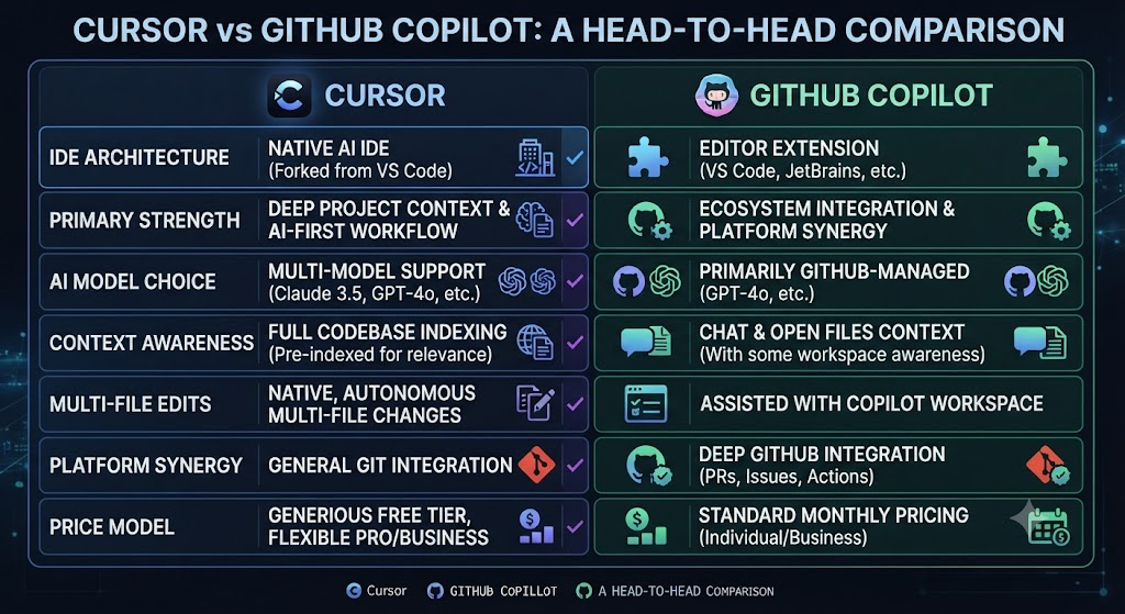 Cursor vs GitHub Copilot: Head-to-Head Table