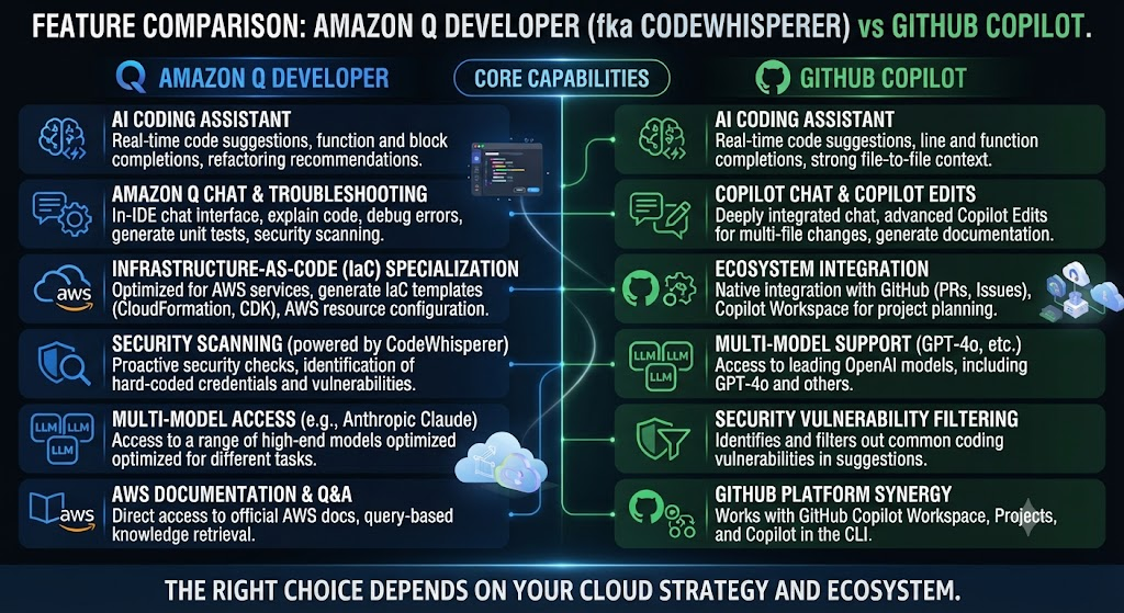 Feature Comparison: Amazon CodeWhisperer (Amazon Q Developer) vs GitHub Copilot