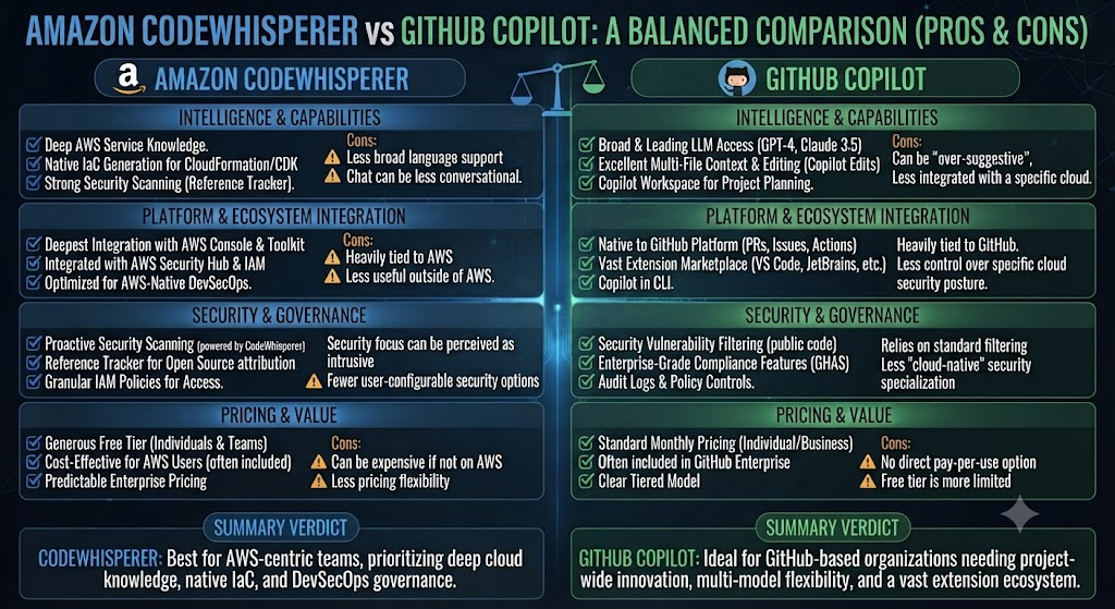 Pros & Cons Amazon CodeWhisperer vs GitHub Copilot