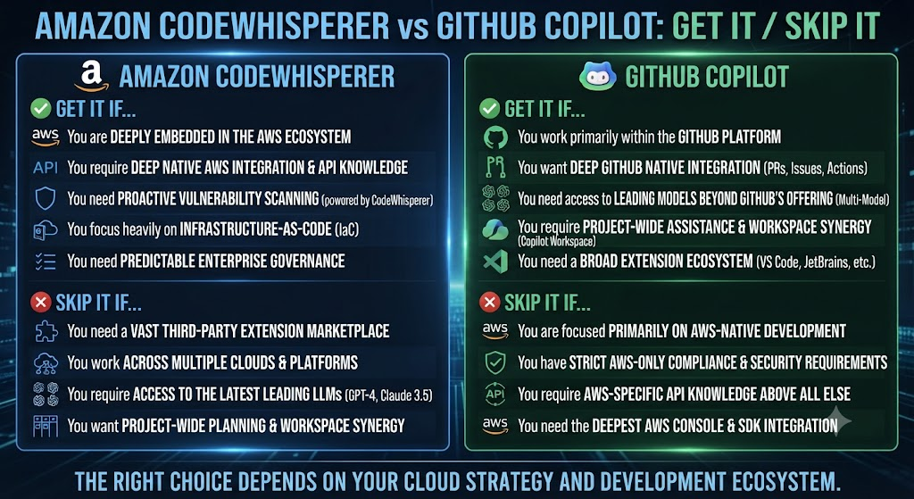 Amazon CodeWhisperer vs GitHub Copilot: Get It / Skip It