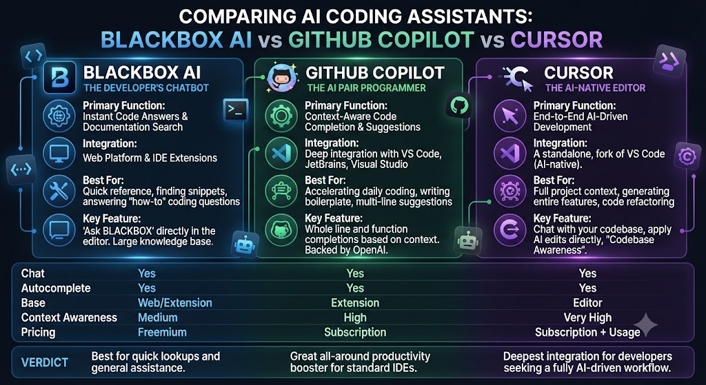 Blackbox AI vs GitHub Copilot vs Cursor