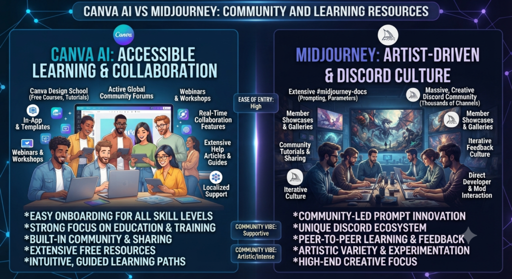 Canva AI vs Midjourney Community and Learning Resources