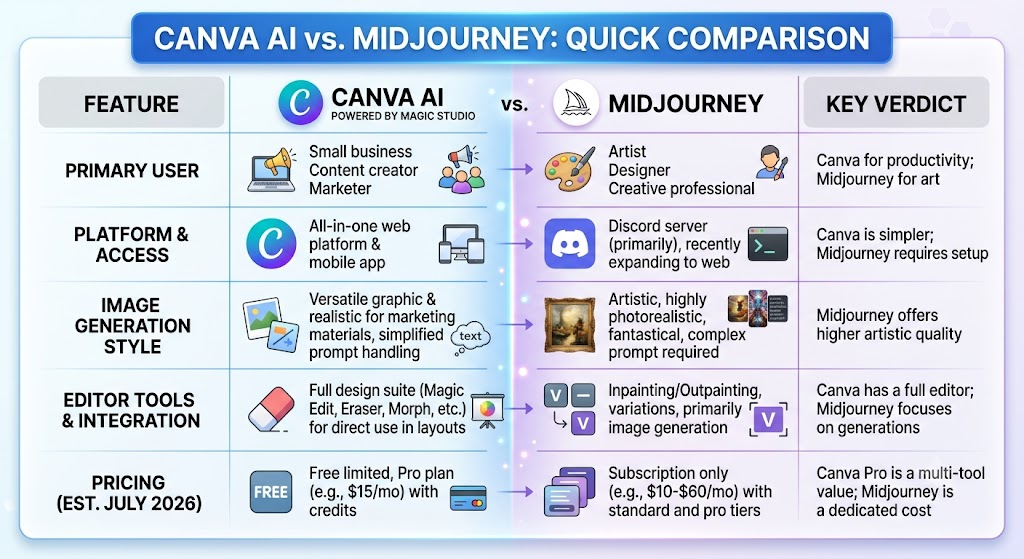 Canva AI vs Midjourney: Quick Comparison Table